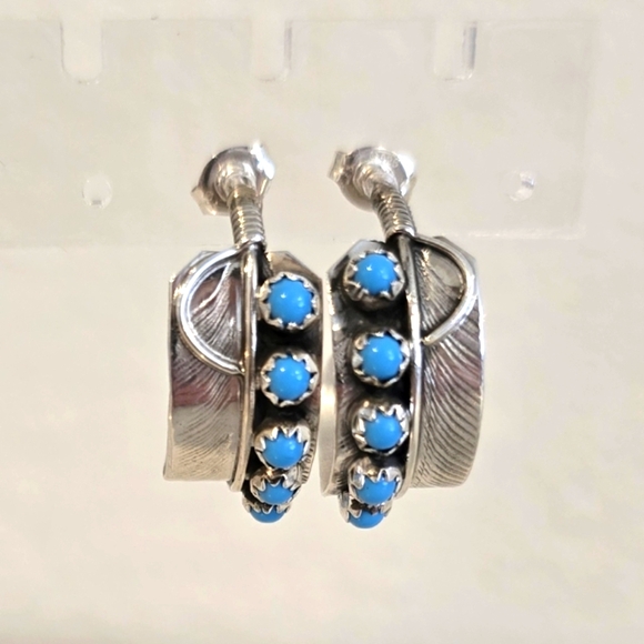 Navajo Sterling Silver Turquoise Feather Hoop Earring's By Chester Charley - Picture 1 of 4